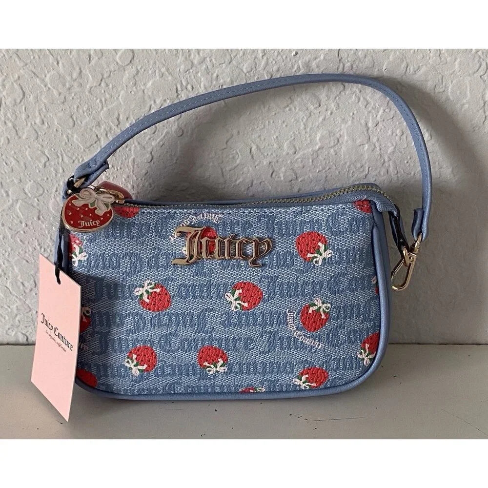 Juicy‎ Couture Berry Sweet Convertible Wristlet Dusty Blue Red Purse Bag NEW